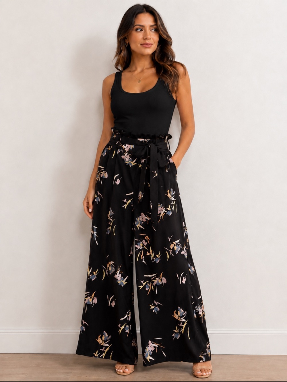 A New Day Floral‎ Paperbag Wide Leg Pants Black Pink High Rise Large